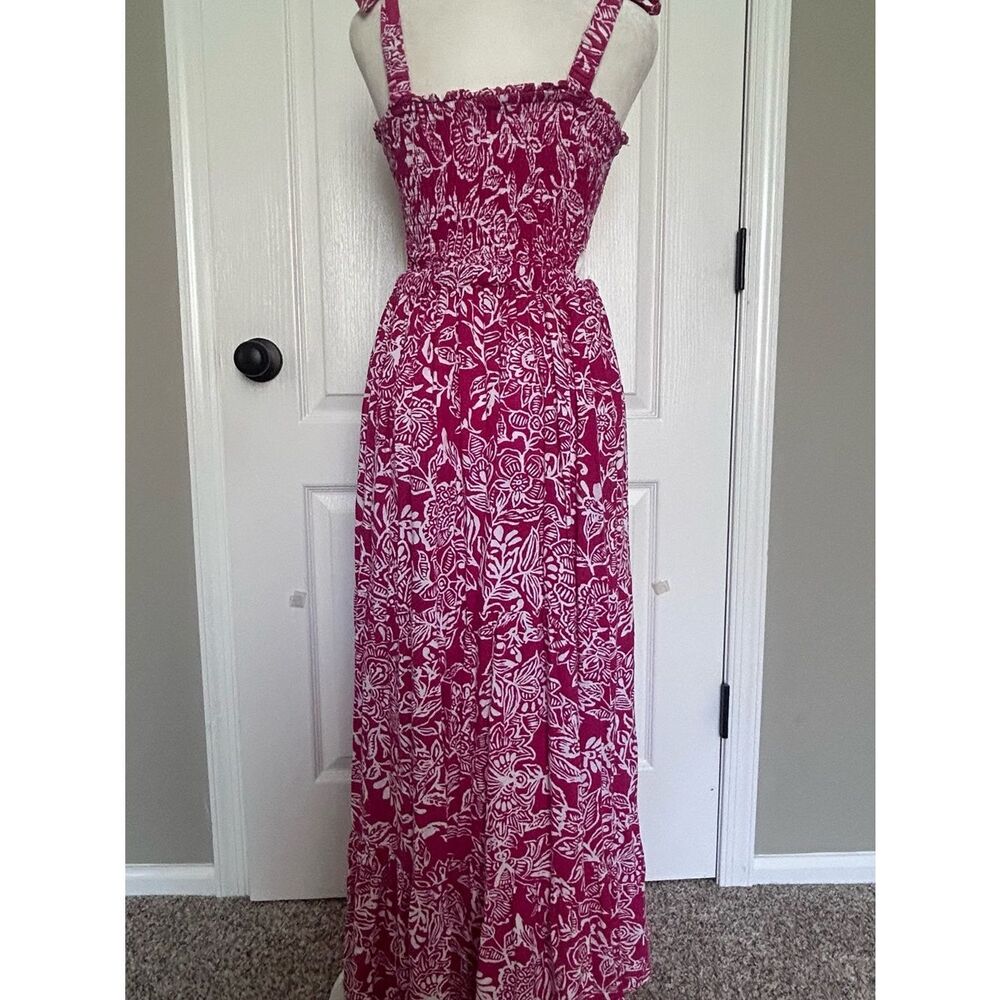 Vibrant Pink Floral Tie-Shoulder Boho Tropical Maxi Dress Side Cut Outs Rayon - Picture 8 of 12